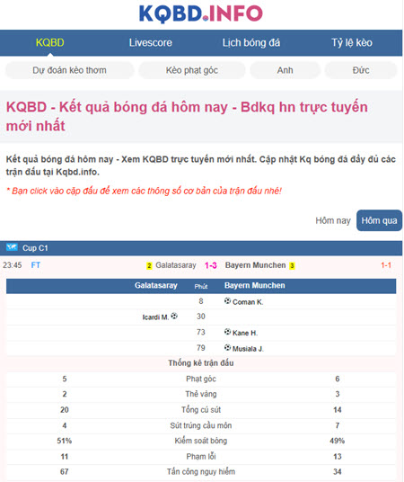 kqbd h&ocirc;m nay v&agrave; h&ocirc;m qua